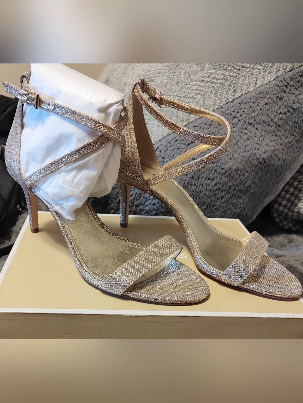 Michael Kors Ava  Gold Glitter Strappy Heels Size 10 NIB